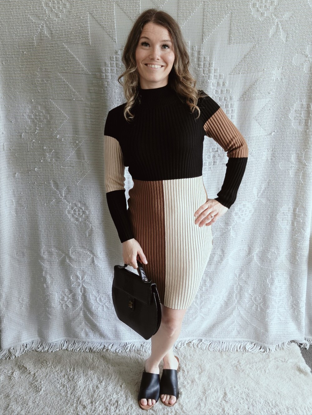 Taylor Colorblock Ribbed Mock Neck Sweater Dress | Black Coffee Brown | Size XS
